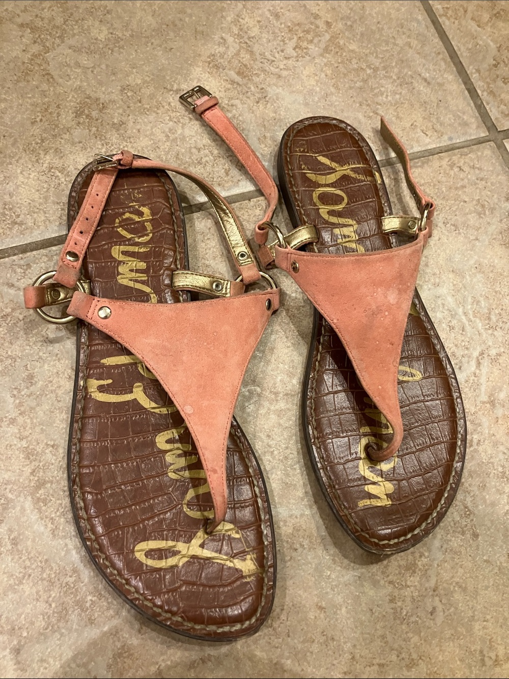 Sam Edelman Coral Suede T-Strap Sandals with Gold Accents